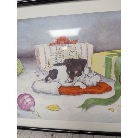 Jane McClure Jane's Prints Puppy Dog makes Mess Sleeps Santa Hat Framed Print - Picture 2 of 3